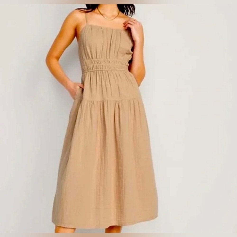 Old navy ankle length tan cotton Rutched dress